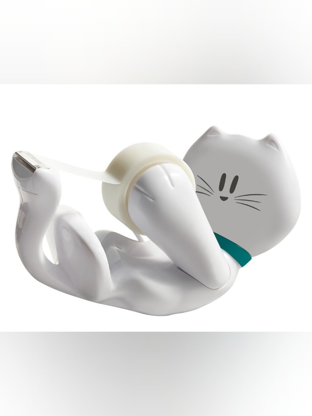 White Cat Tape Dispenser with Teal Collar
